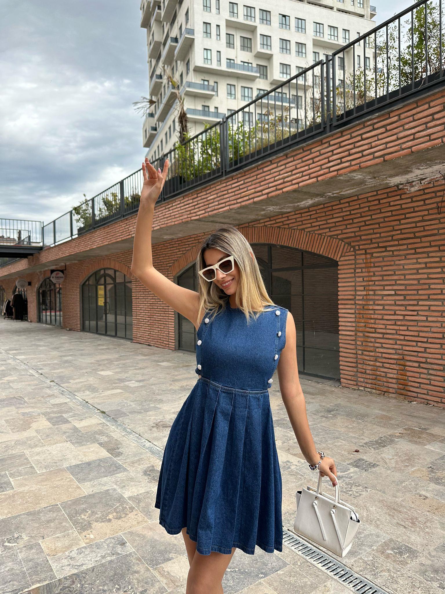 Taşlı Düğmeli Piliseli Kot Elbise 07062167