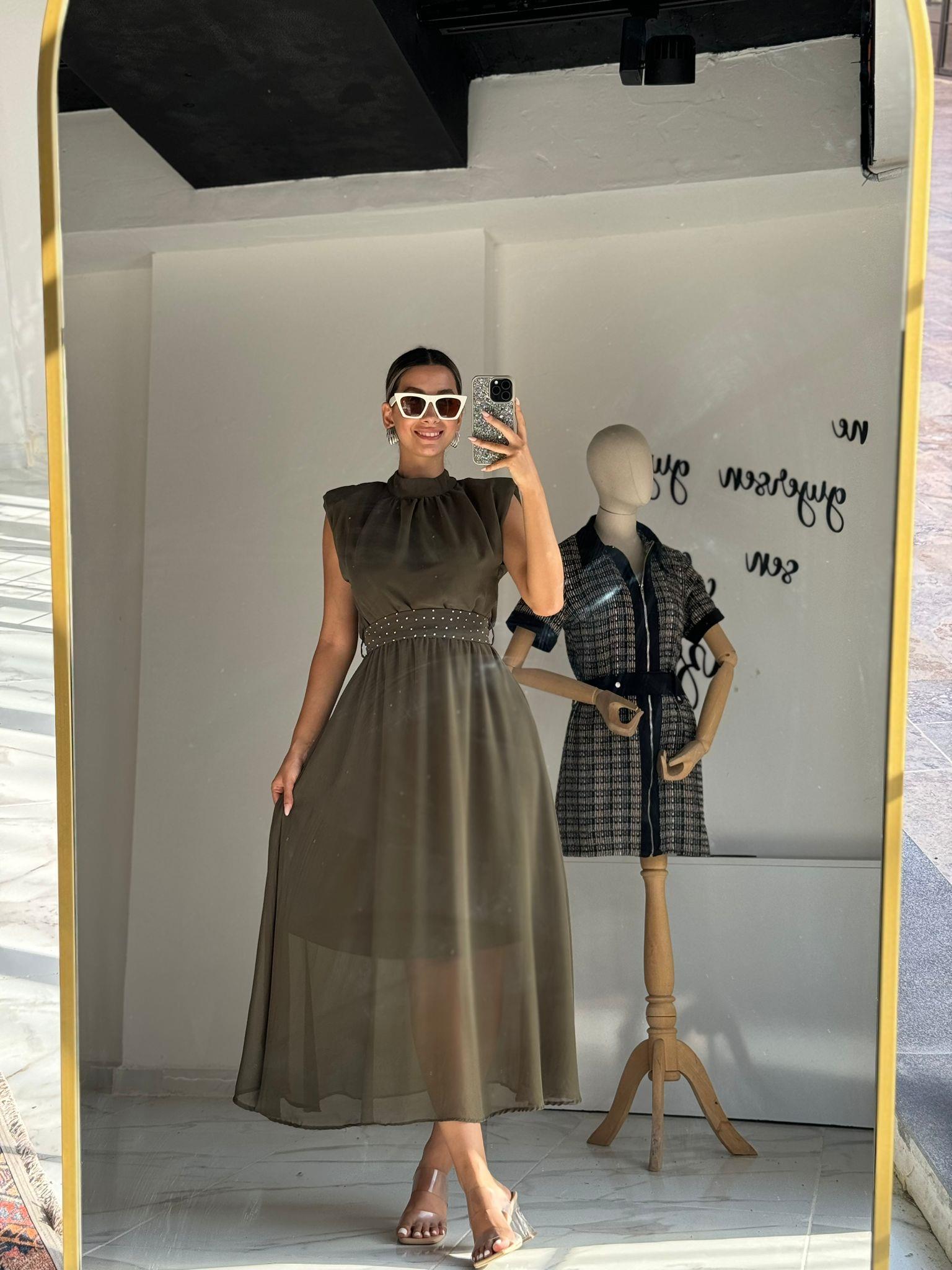 Taşlı Kuşaklı Haki Yeşili Astarlı Şifon Elbise 070621126
