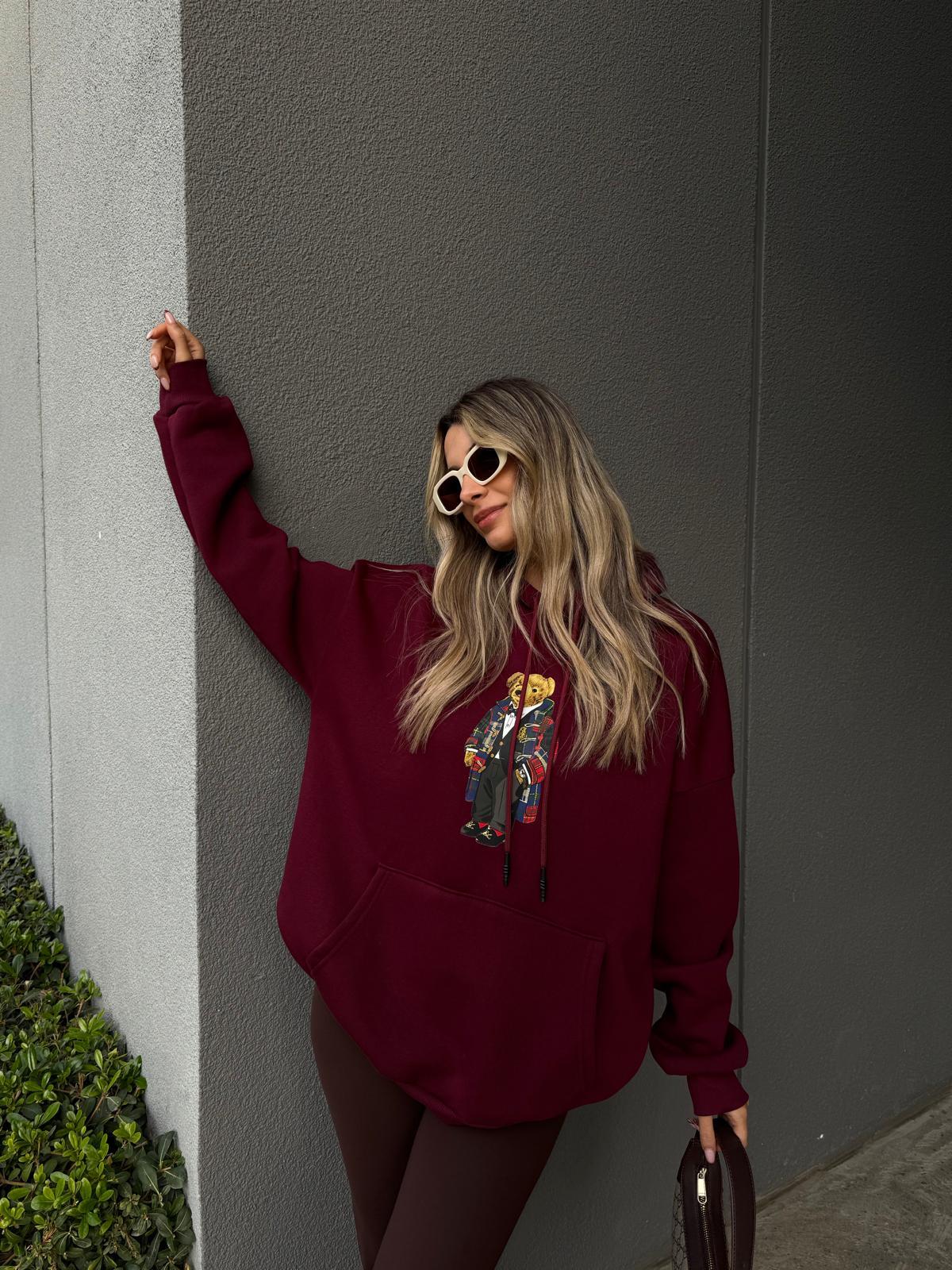 Teddy Baskı Kapüşonlu Bordo Sweat swt1045ogz