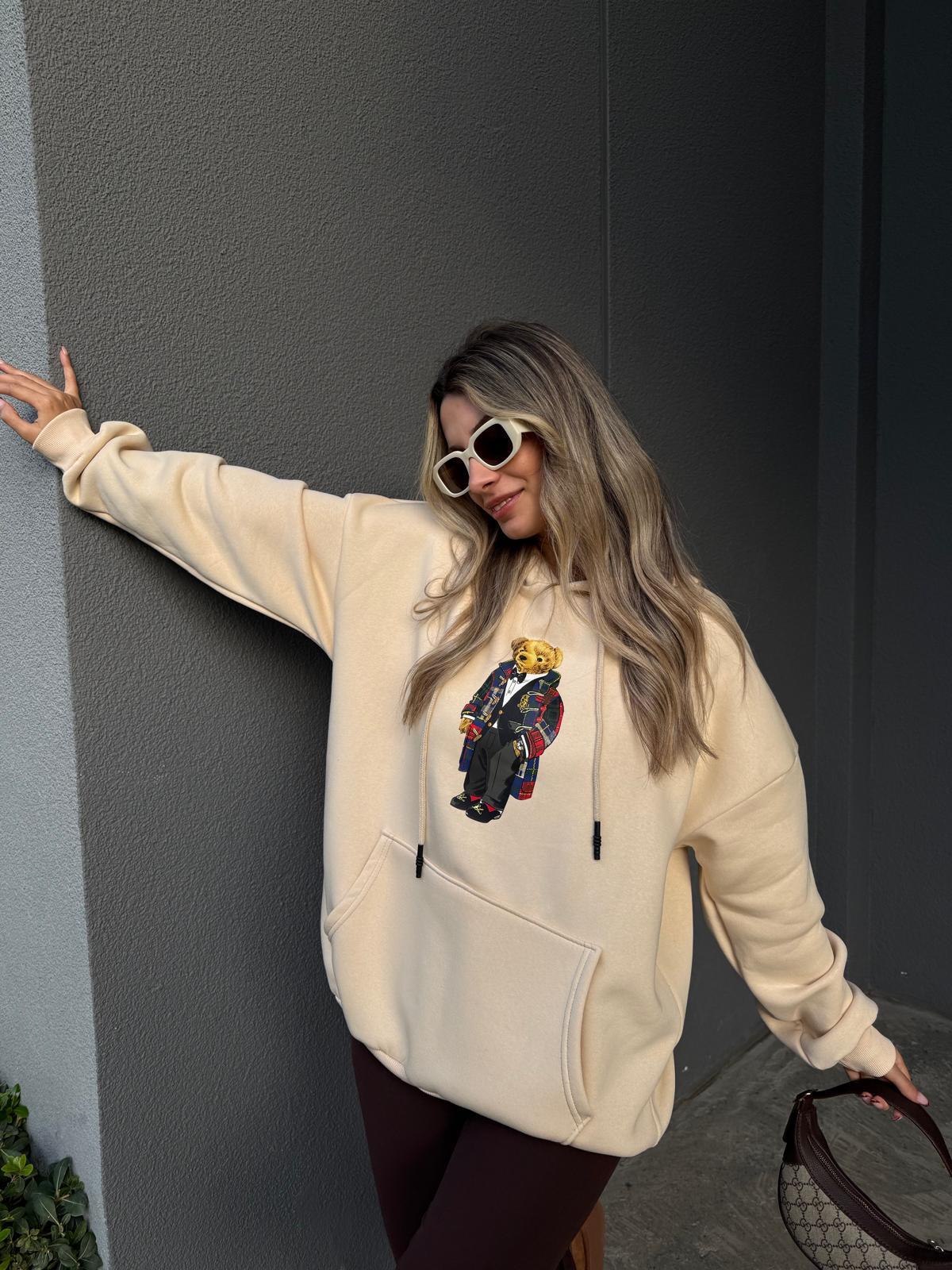 Teddy Baskı Kapüşonlu Krem Sweat swt1045ogz