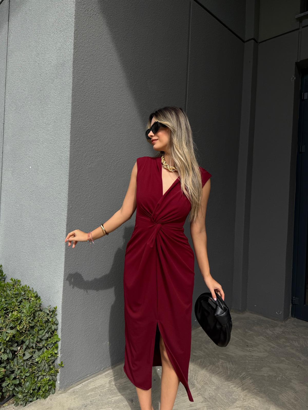 Teria Göğüs Düğümlü Krep Elbise Bordoyelb2226grs