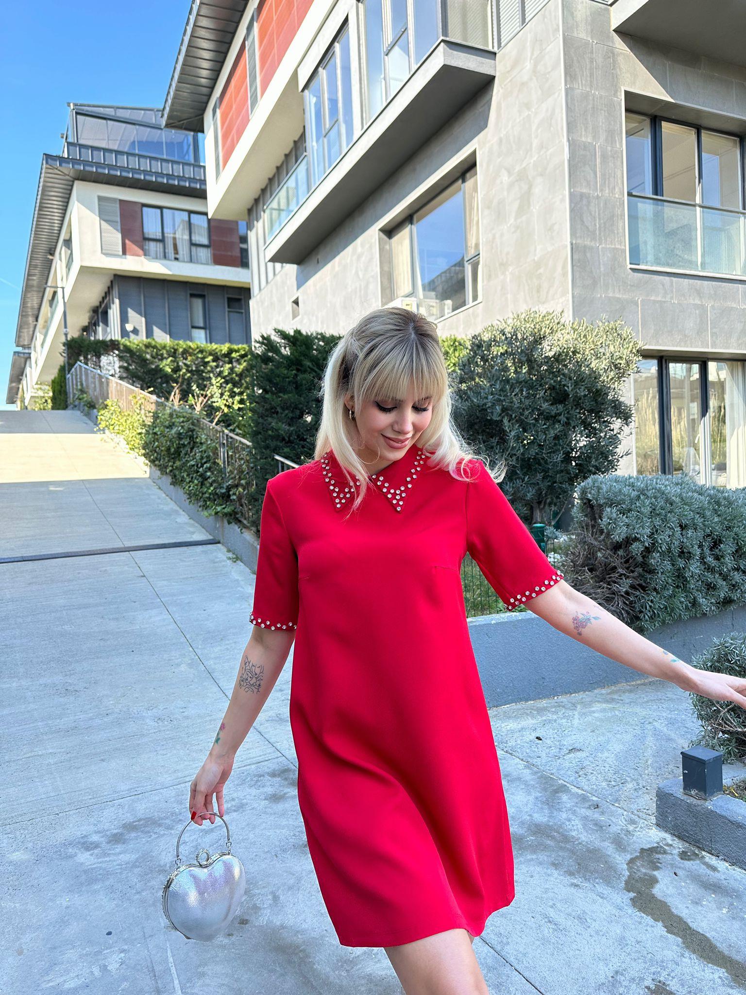 Tuffy Bebe Yaka Taş İşlemeli Elbise Kırmızı 17074522