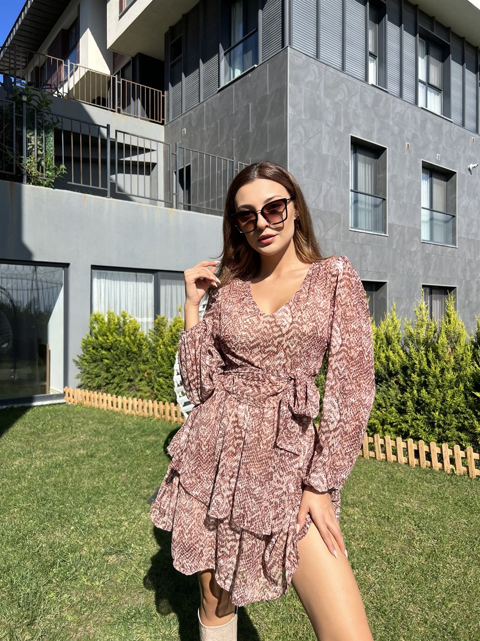 Vilma Kat Kat Desenli Şifon Elbise