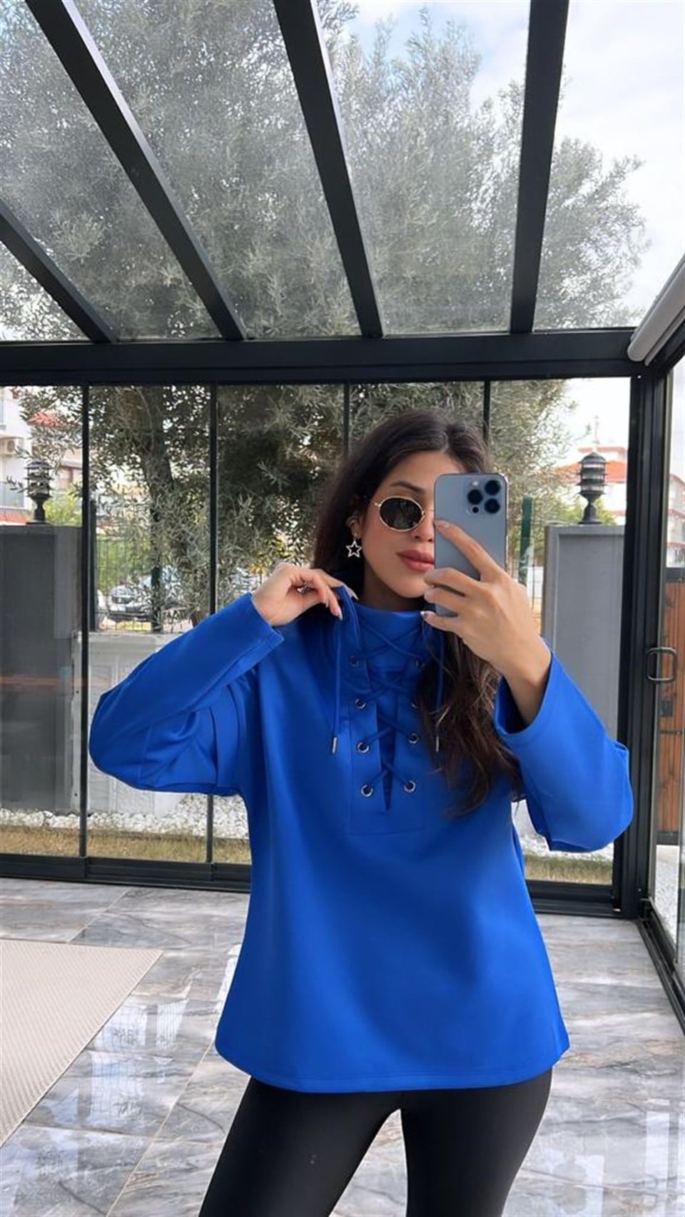 Yakası İpli Dik Yaka Organik Pamuk Saks Sweat