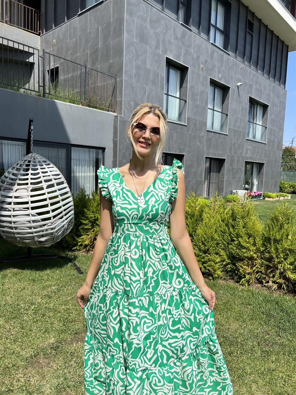 Yeşil Ebruli Desen Omuz Volanlı Elbise