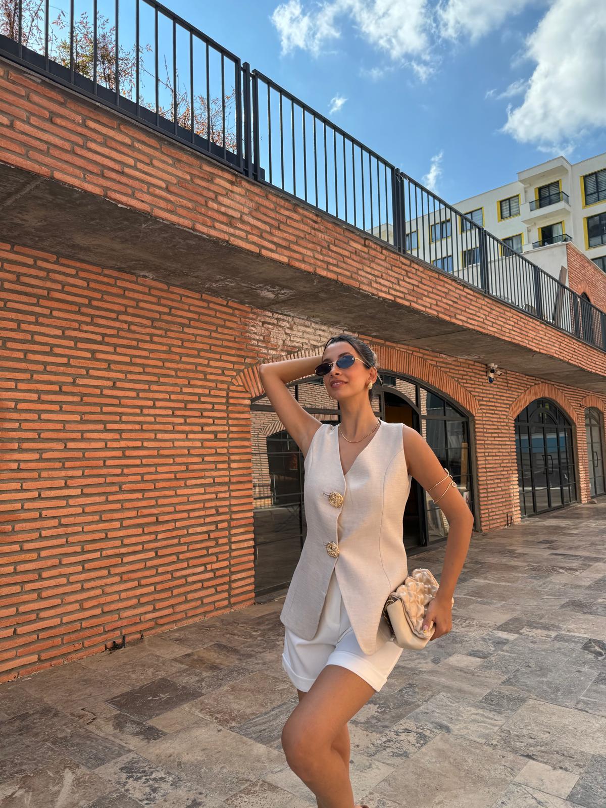 Zarina Gold Aksesuar Düğmeli Keten Vizon Yelek 070621163