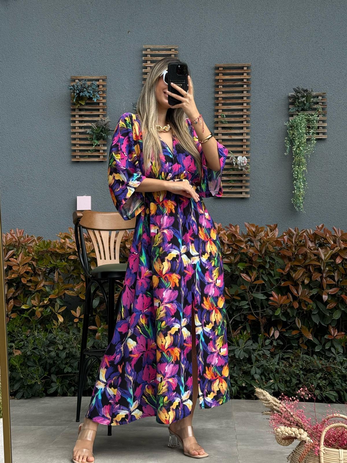 Zenya Orkide Desen Mor Elbise1707308