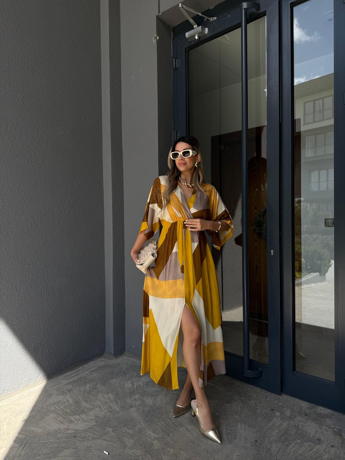 Zenya Perista Desen Viskon Elbise Hardal1707308