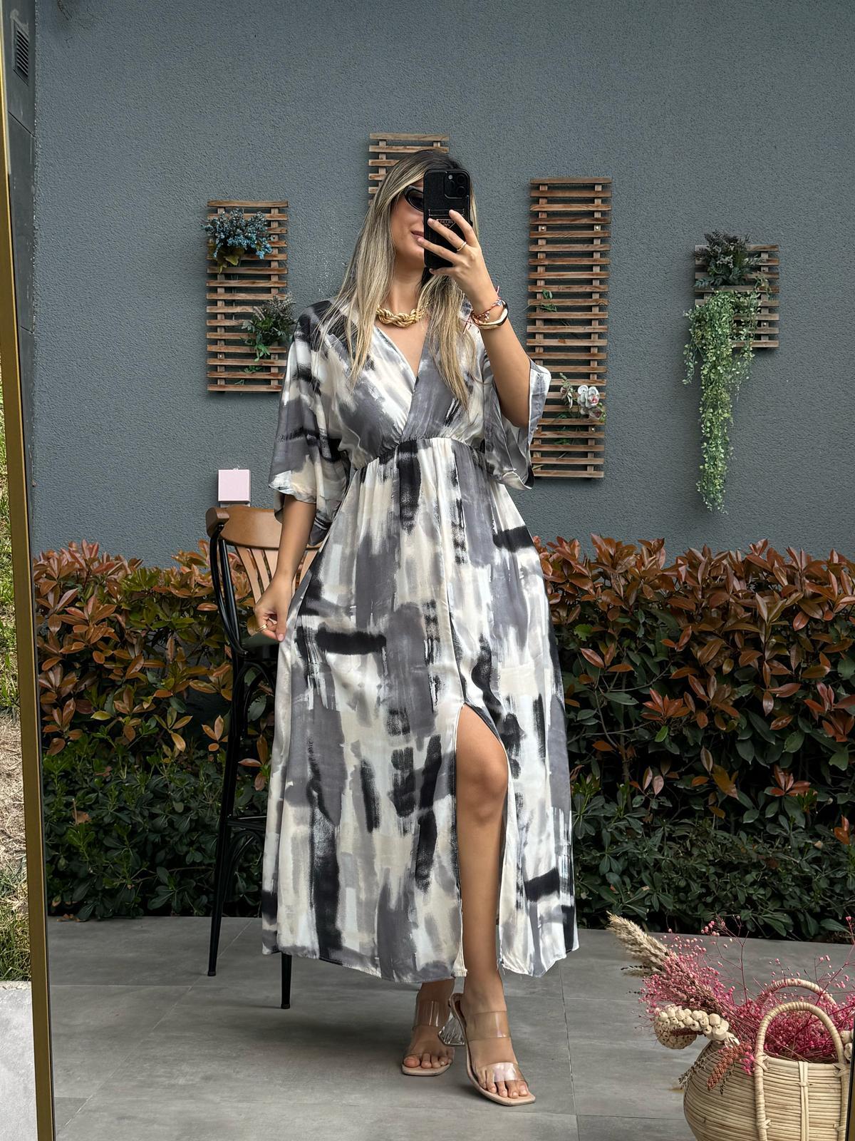 Zenya Sueno Gri Desenli Viskon Elbise1707308