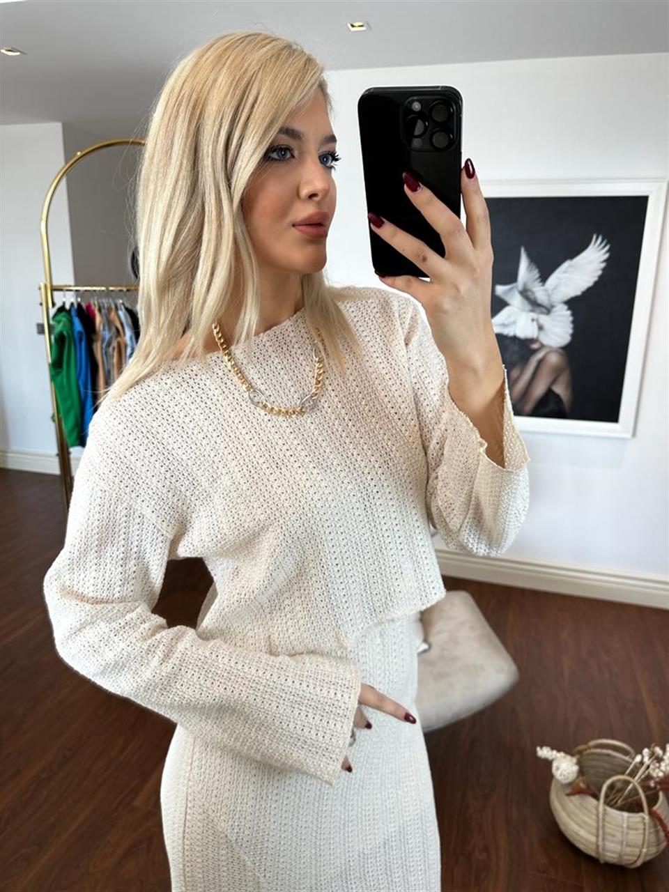 Zincir örme krem bluz 1104127