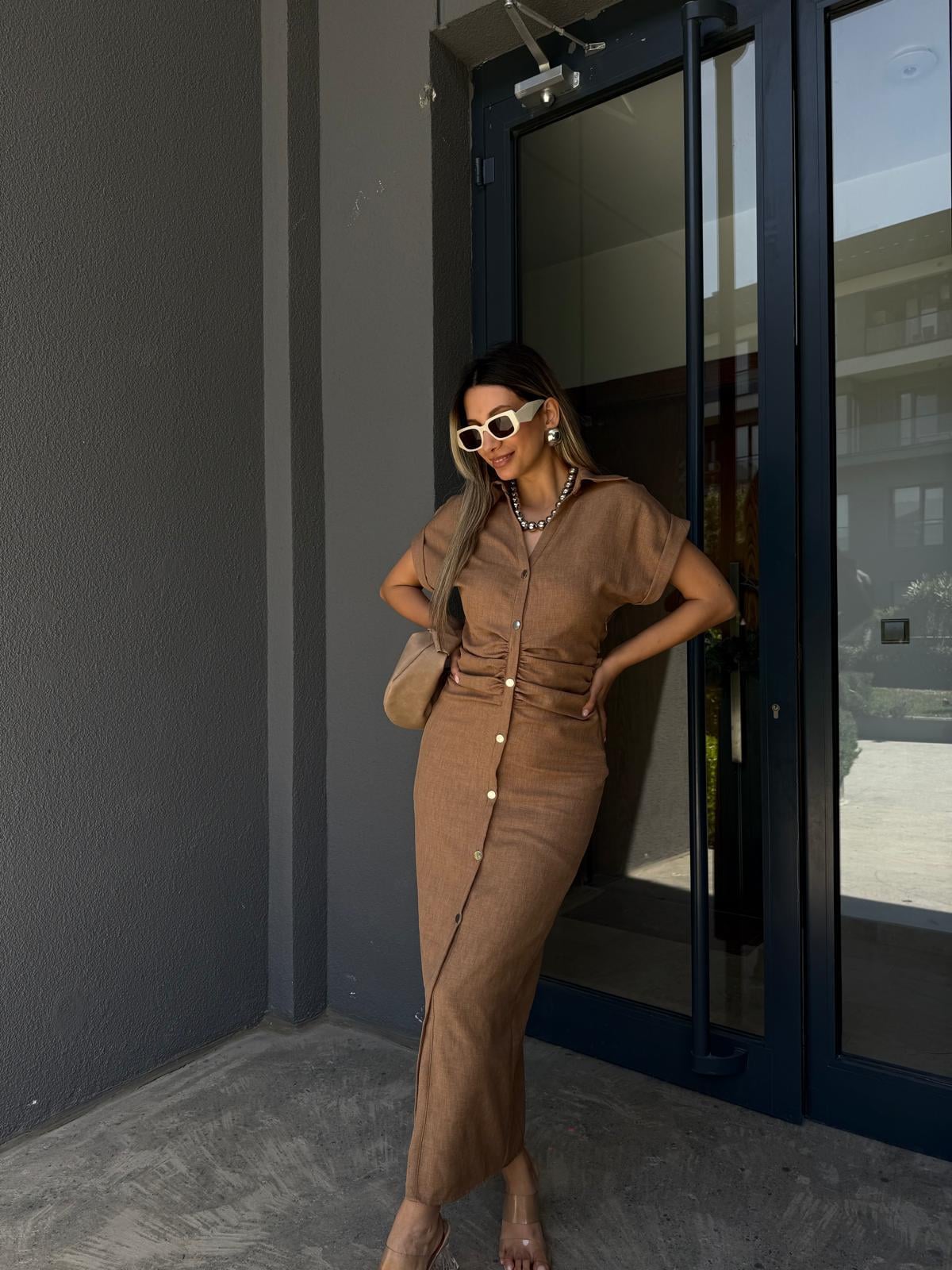 Zra Model Likralı Drapeli Midi Boy Gold Düğme Elbise Kamelyelb2040kd