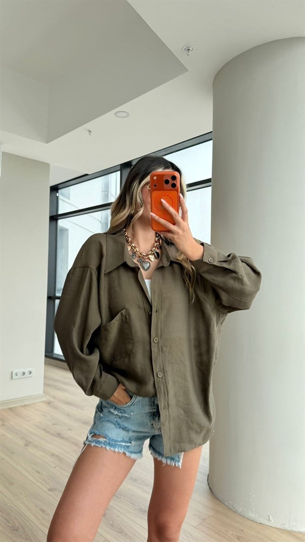 Premium Düşük Omuzlu Oversize Gömlek Koyu Yeşil