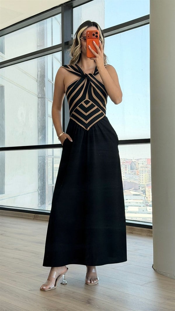 Camel-Siyah Çapraz Triko Detay Zr Model Elbise