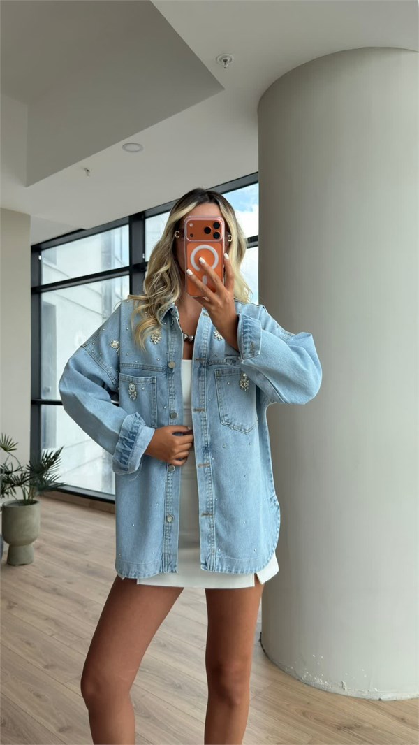 Buz Mavisi Baget Taş İşlemeli Denim Ceket