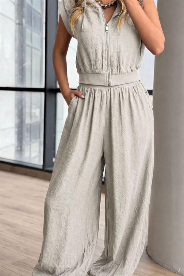 Yelekli Kapüşonlu Şalvar Görünümlü Takım Taş