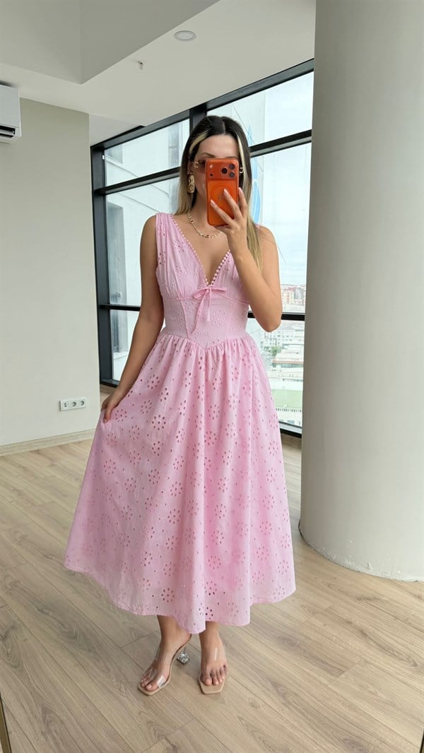 Göğüs Fiyonklu Astarlı Fisto Elbise Pembe