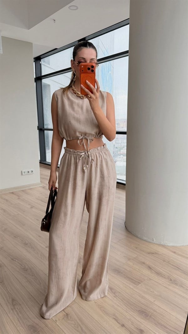 Bağcıklı Crop Pantolon Takım Kakao 