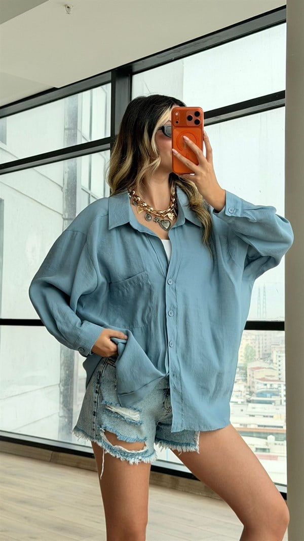 Premium Düşük Omuzlu Oversize Gömlek Mavi