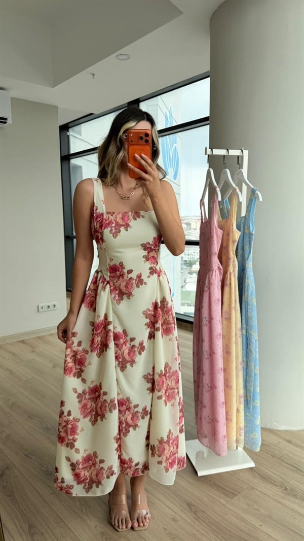 Sindy Çiçekli Krem Elbise