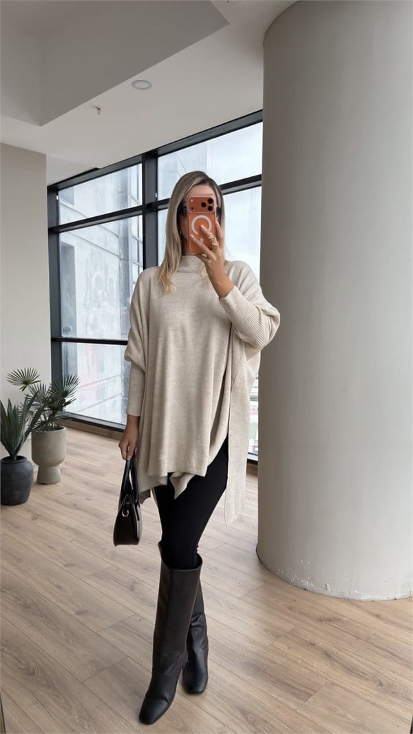 Emara Yan Yırtmaçlı Oversize Triko Taş