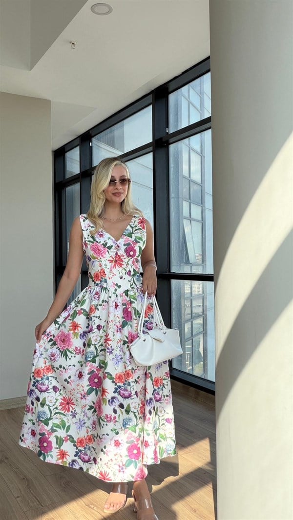 Daisy Fiyonklu Çiçek Desen Midi Elbise