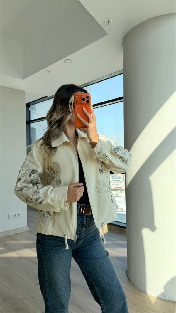 Boncuk İşlemeli Premium Gabardin Ceket