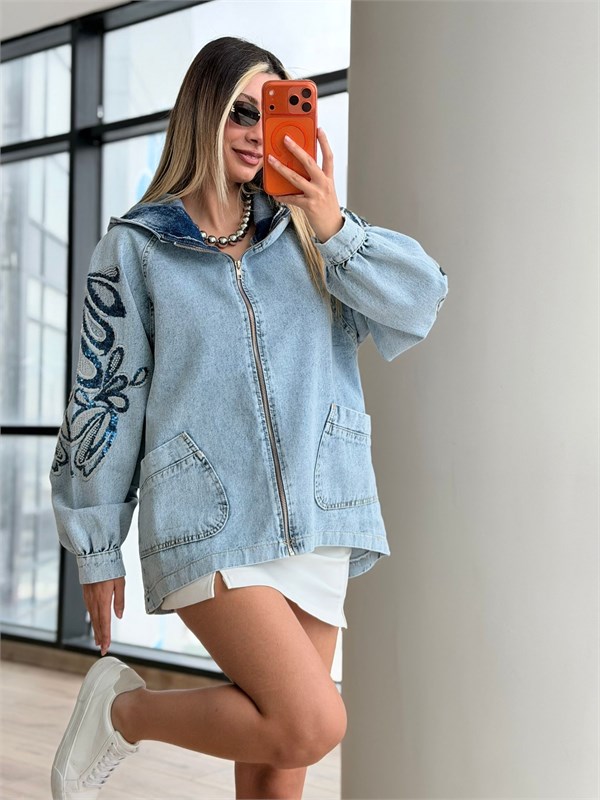 Pul İşlemeli Denim Kapüşonlu Ceket
