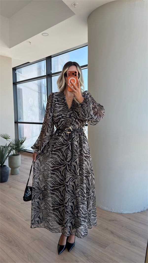  Kruvaze Yaka Zebra Desen Kemerli Şifon Elbise 