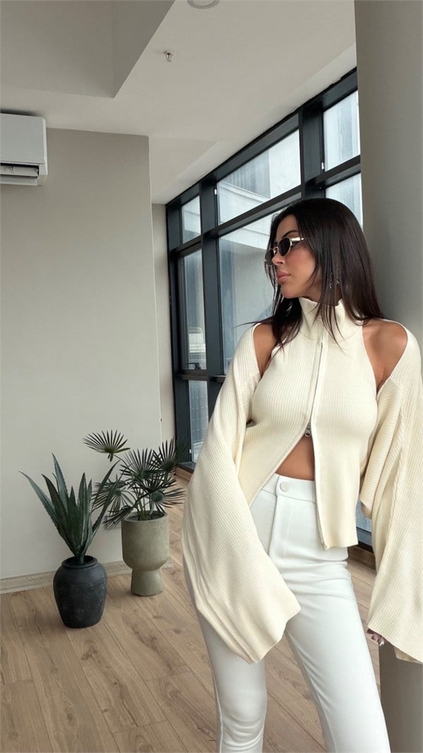 Çift Fermuarlı Bluz Bolero Takım Ekru