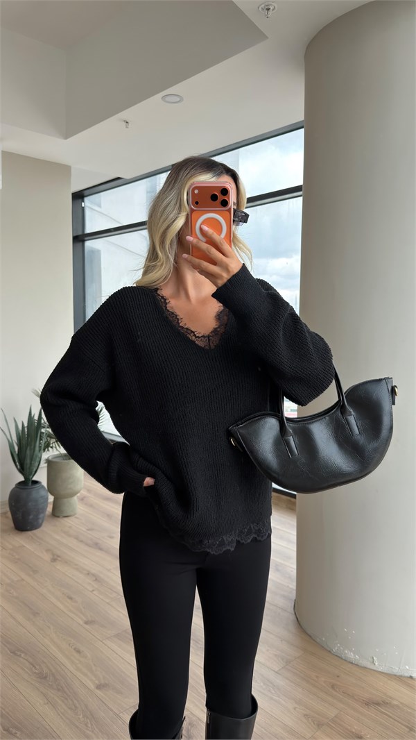 V Yaka Dantelli Oversize Triko Kazak Siyah