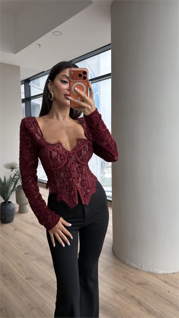 Fionna İthal Dantel Korse Bluz Bordo