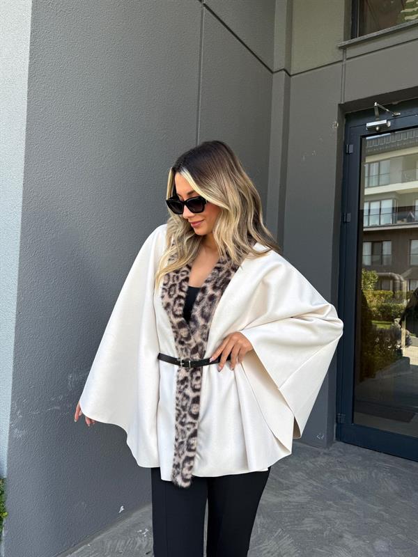 Leopar Peluş Detay Krem Panço