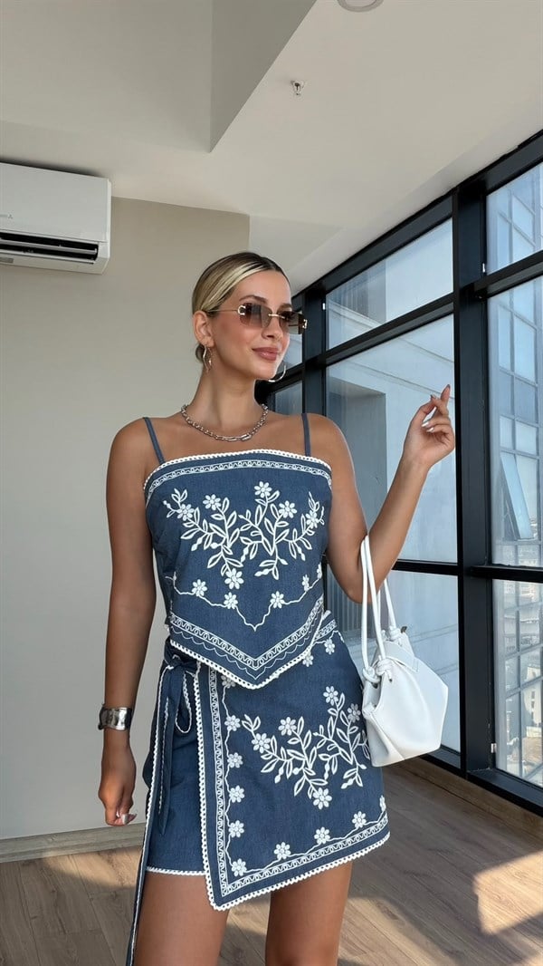 Nakışlı Şortlu Etekli Mavi Keten Takım