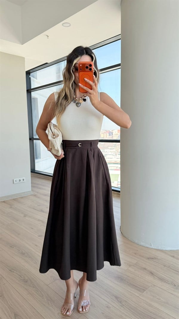Lady İnce Kemerli Kombin Elbise Krem-Kahve