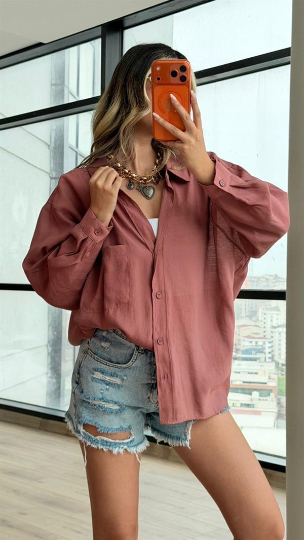 Premium Düşük Omuzlu Oversize Gömlek Tarçın