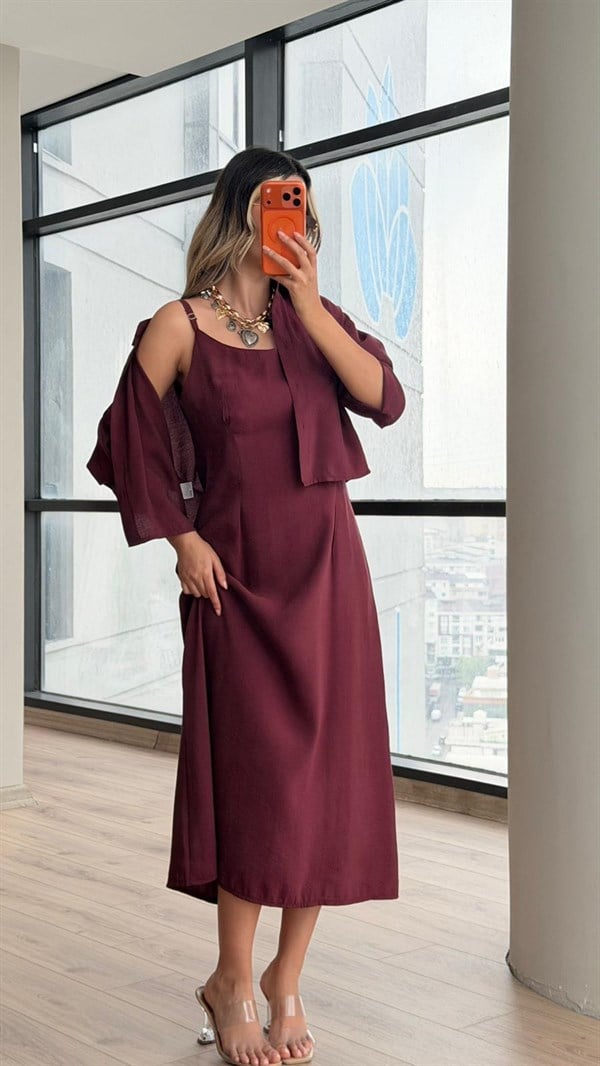 Merisia Askılı Gömlekli Modal Elbise Vişne