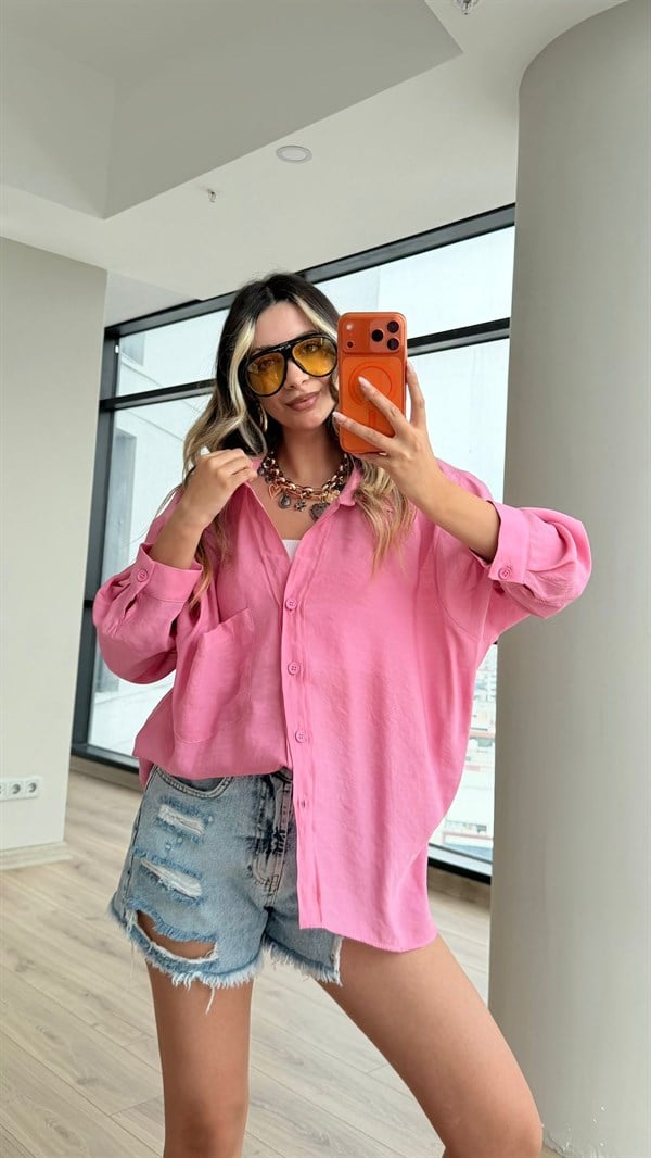 Premium Düşük Omuzlu Oversize Gömlek Pembe