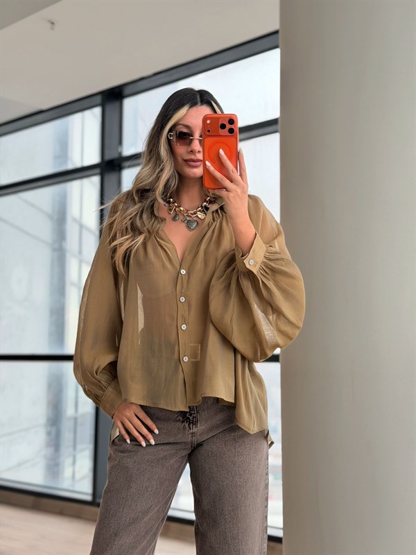 Taupe Soft Dokulu Oversize Şifon Gömlek