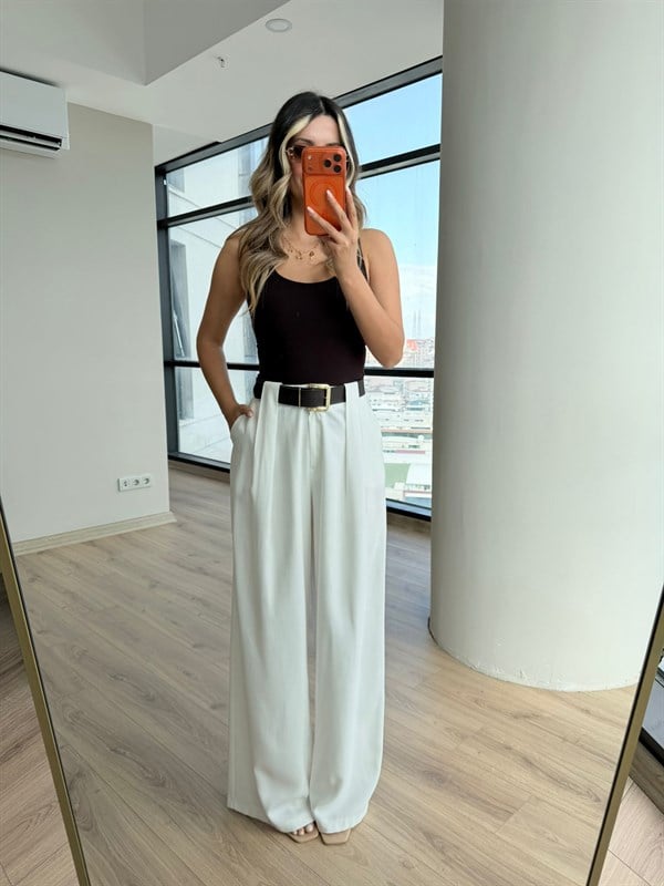 Dona Bel Pilili Beyaz Kemerli Palazzo Pantolon