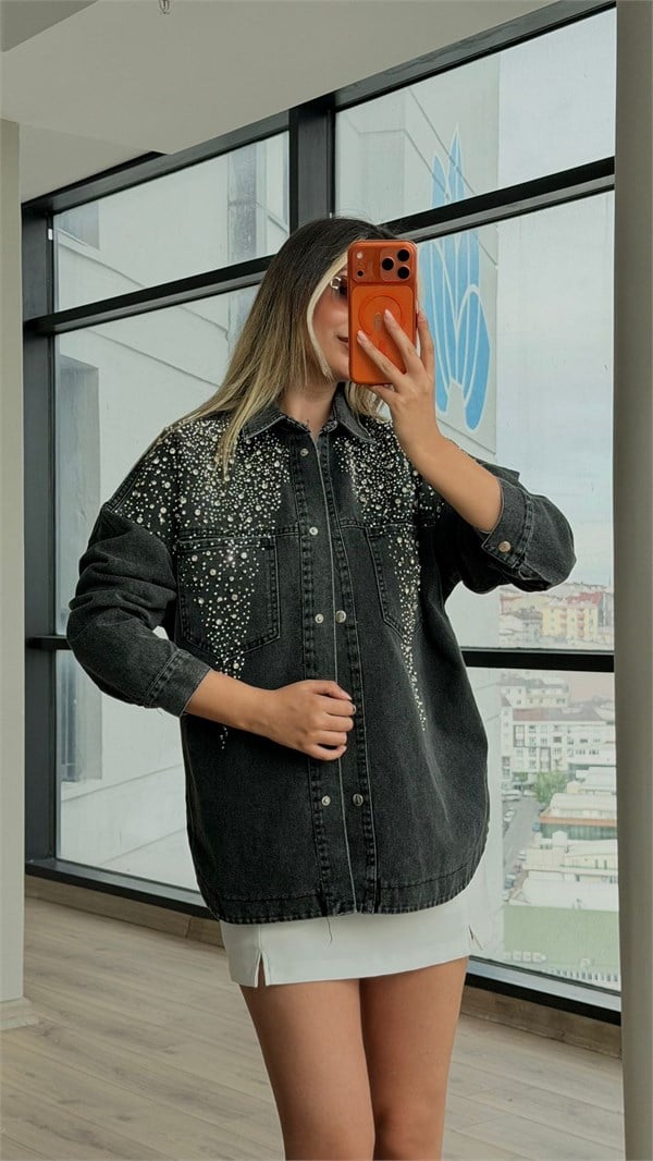 Taş Detaylı Yıkamalı Antrasit Oversize Denim Ceket