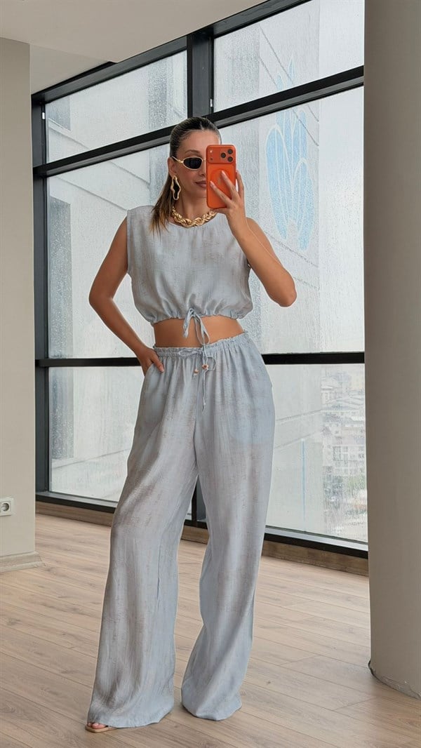 Bağcıklı Crop Pantolon Takım Buz Mavisi