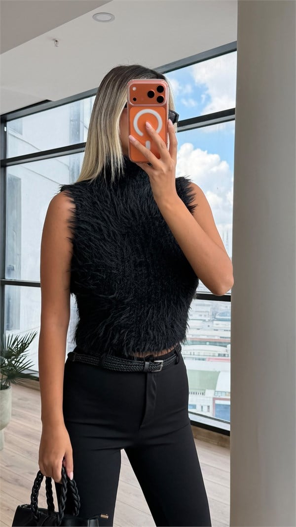 Lara Sıfır Kol Soft Yumoş Triko Siyah