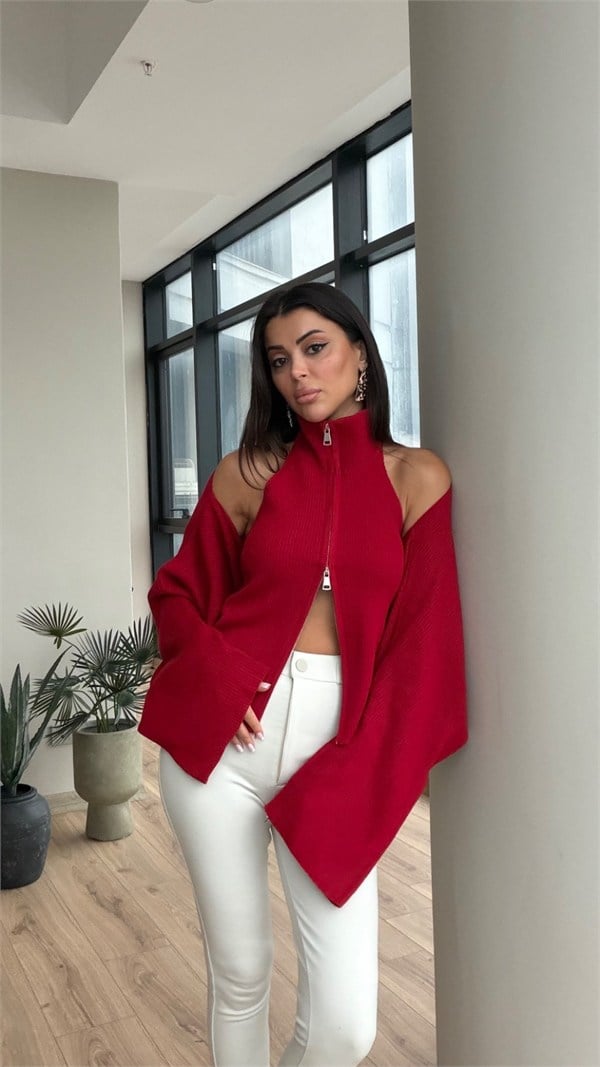 Çift Fermuarlı Bluz Bolero Takım Kırmızı