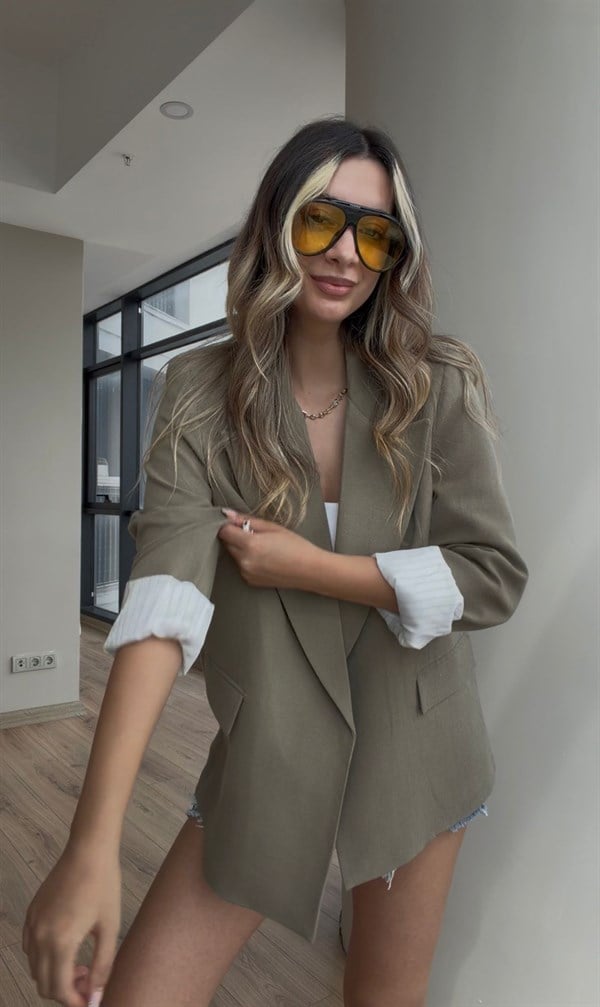 Kolu Katlamalalı Blazer Keten Haki Ceket