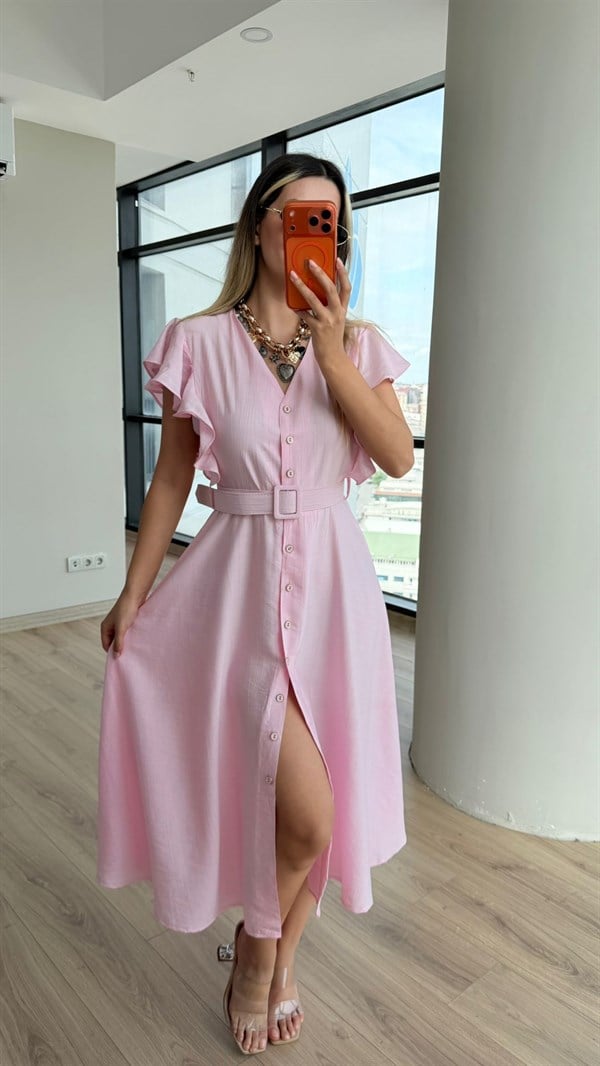 Fırfır Kol Kemerli V Yaka Gömlek Elbise Pembe