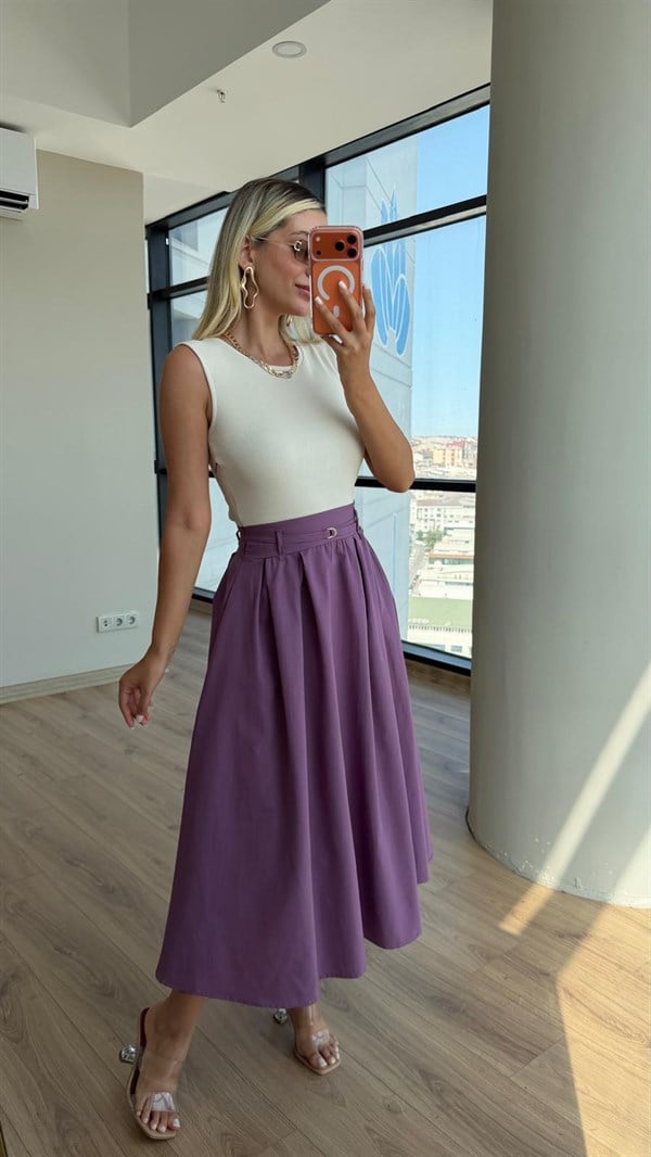 Lady İnce Kemerli Kombin Elbise Krem-Lila