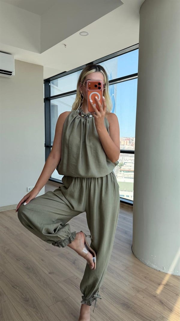 Boncuk Yakalı Yarım Astarlı Rayon Haki Takım