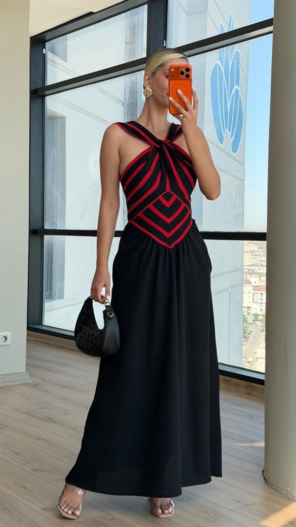 Kırmızı-Siyah Çapraz Triko Detay Zr Model Elbise