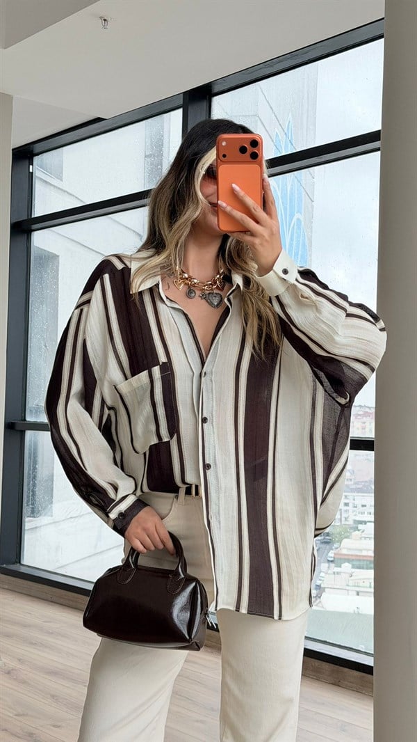 Krem-Kahve Çizgili Oversize Gömlek