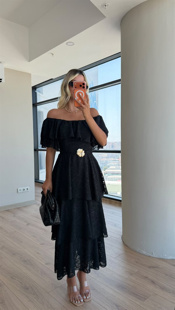 Madonna Katlı Brode Kadın Elbise-Siyah